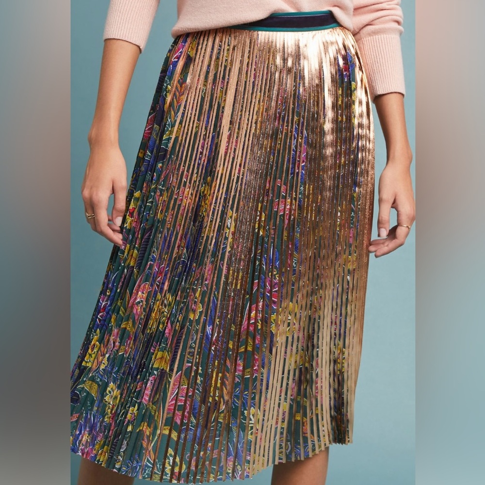 Anthropologie Maeve Metallic Pleated and Printed Skirt